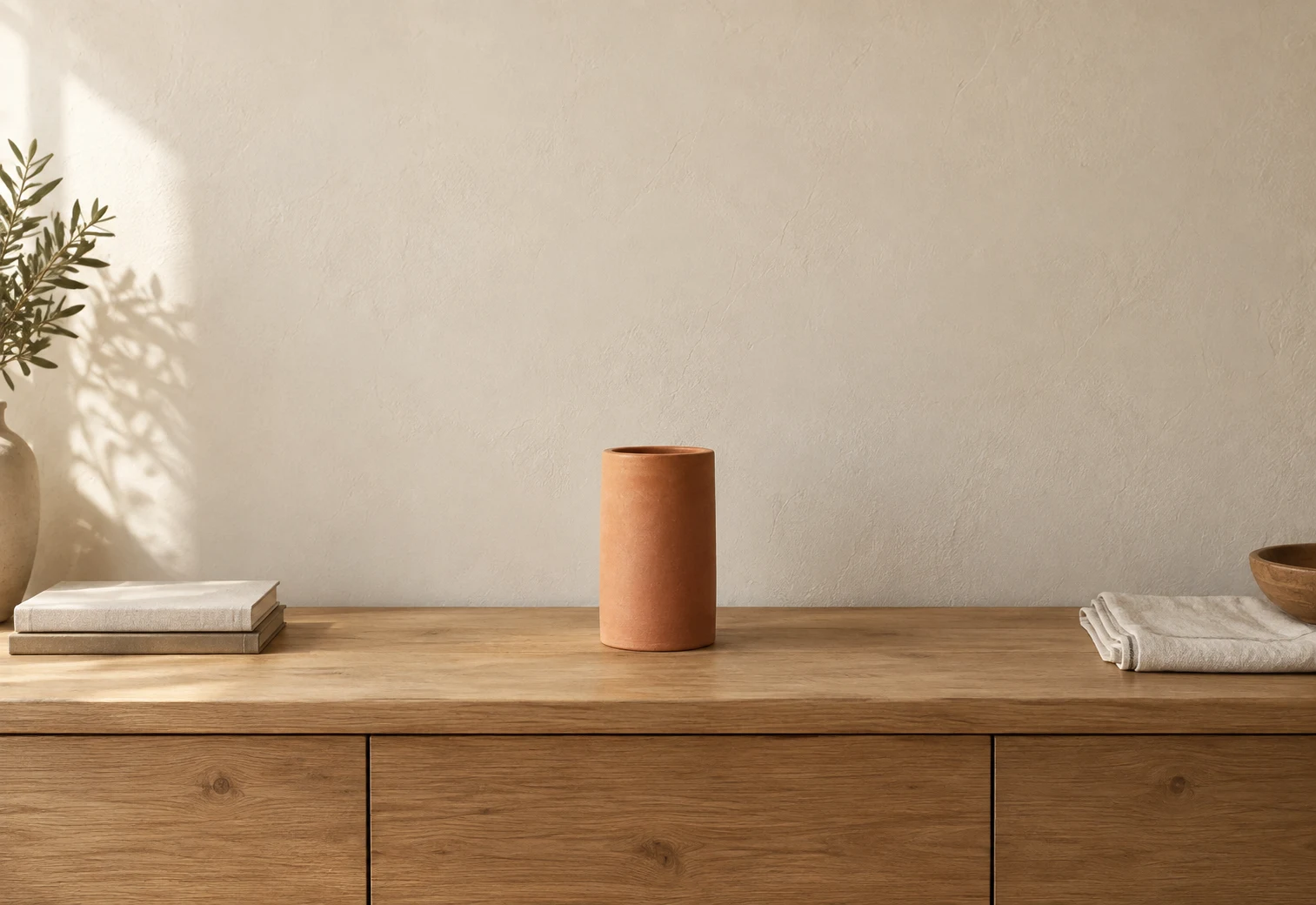 Example of replacing a terracotta vase with yellow tulips in a white vase on the same wooden table.