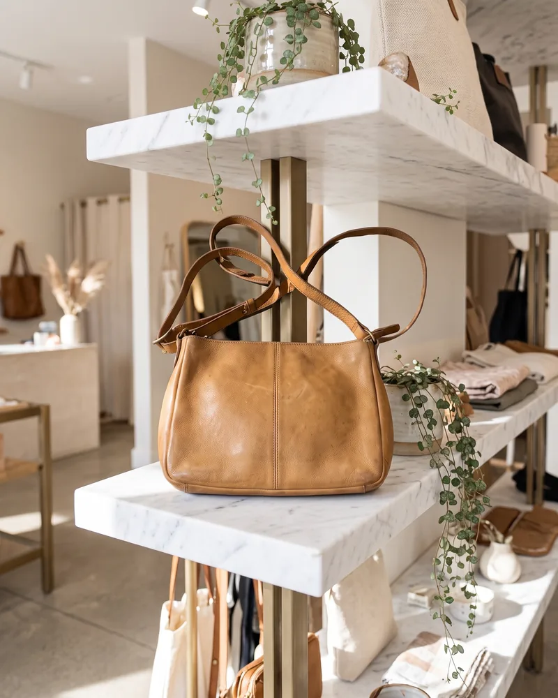 Before and after product photo: a leather handbag snapped on a messy bed now sits on a clean marble boutique shelf