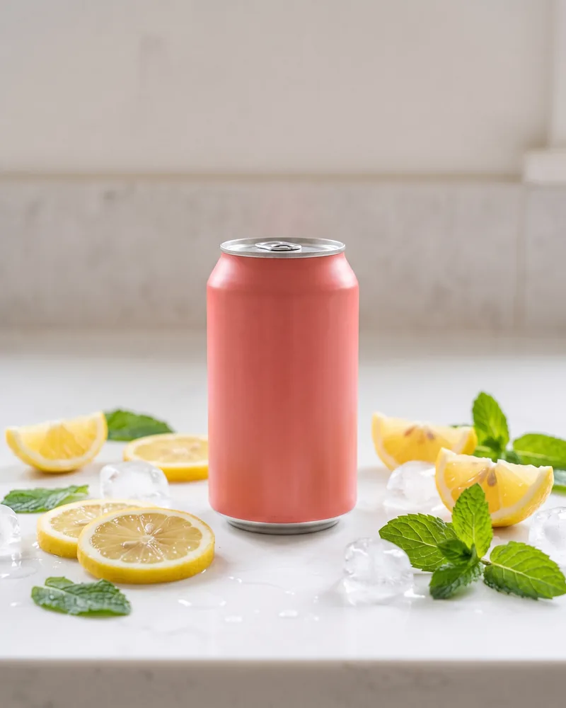 Before and after ad creative: lemon slices, ice and mint added around a plain coral drinks can