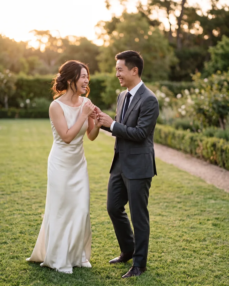 Before and after wedding photo: a green wheelie bin and a guest on his phone removed from behind the couple