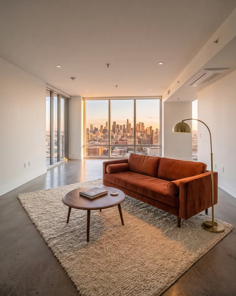Before and after listing photo: an empty apartment with a city view is staged with a rust velvet sofa, a walnut coffee table and a wool rug
