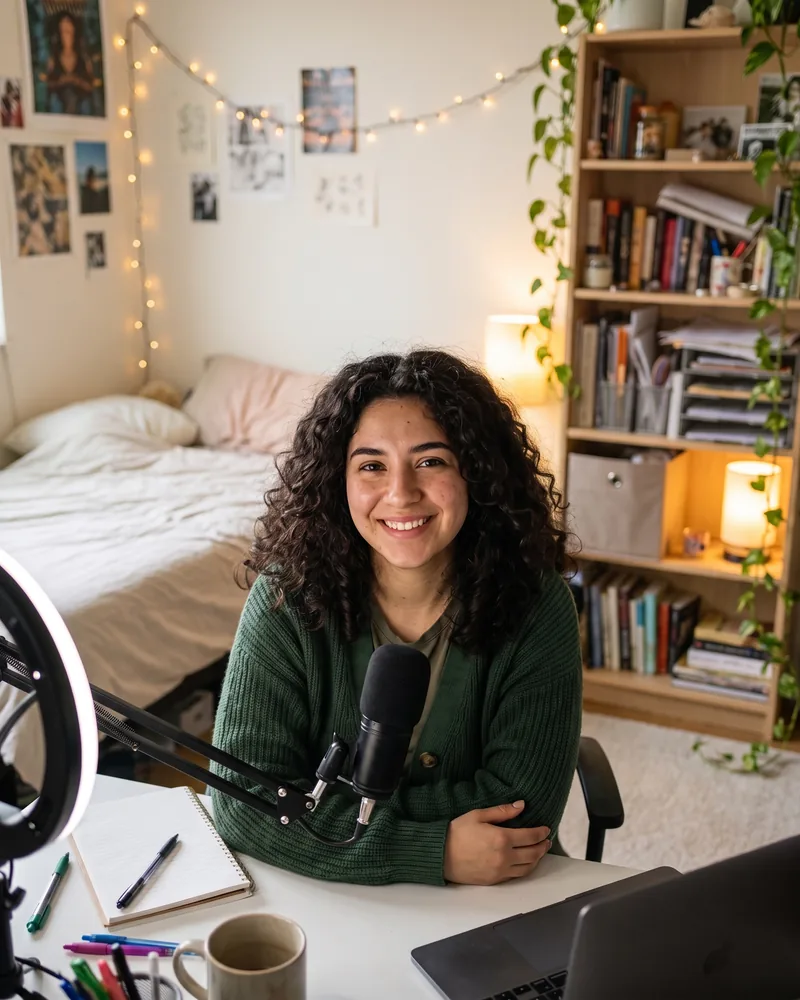Before and after creator shot: the messy bedroom behind a smiling creator becomes a tidy wall with a bookshelf and plants