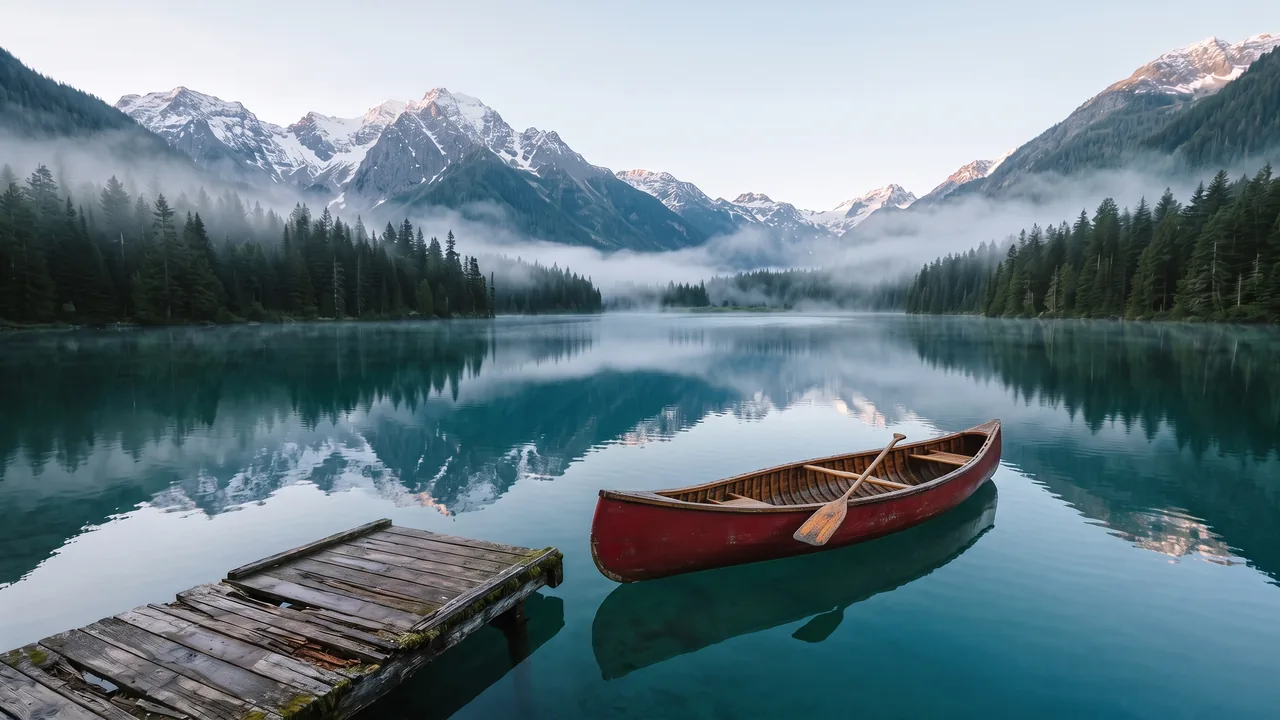 Before and after: a red wooden canoe added to a calm alpine lake, with its reflection in the water