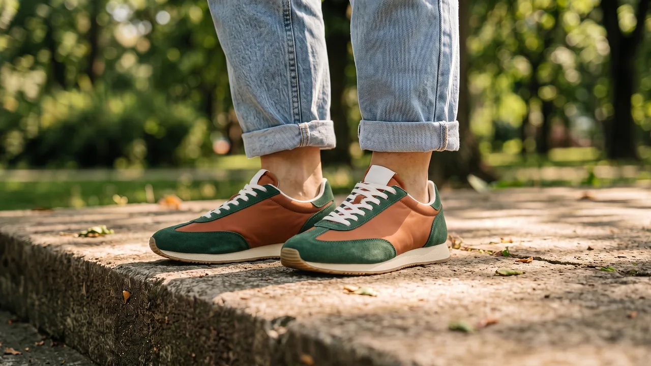Reference-guided before and after: plain white canvas sneakers become the green and orange running shoes from the reference photo