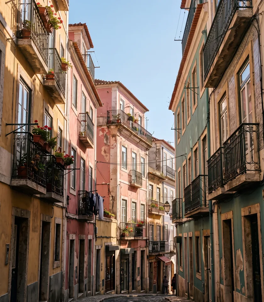Before and after: tangled power lines removed from the sky above a Lisbon street, with the facades and balconies intact