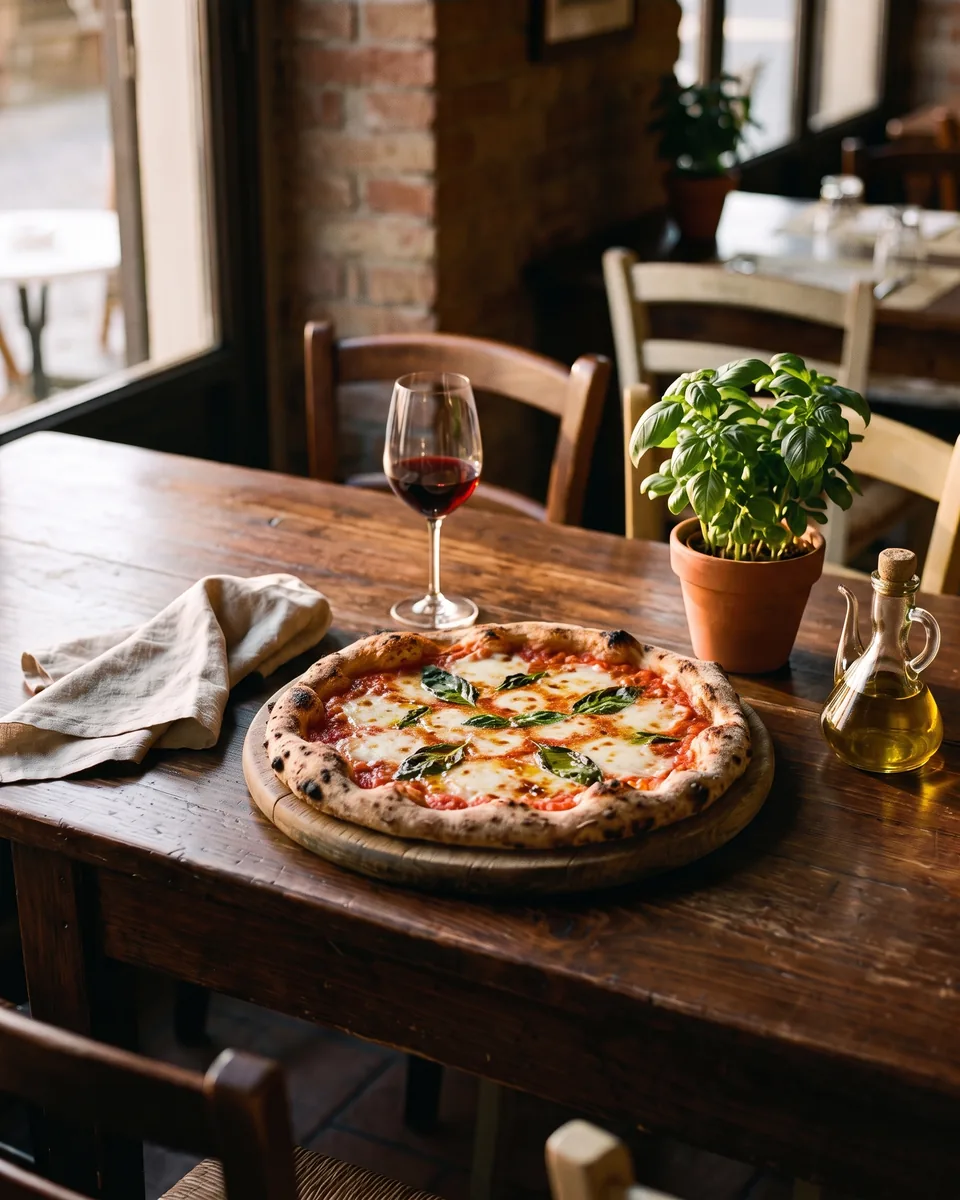 Before and after: generative fill adds a wood-fired margherita pizza to an empty serving board on a trattoria table