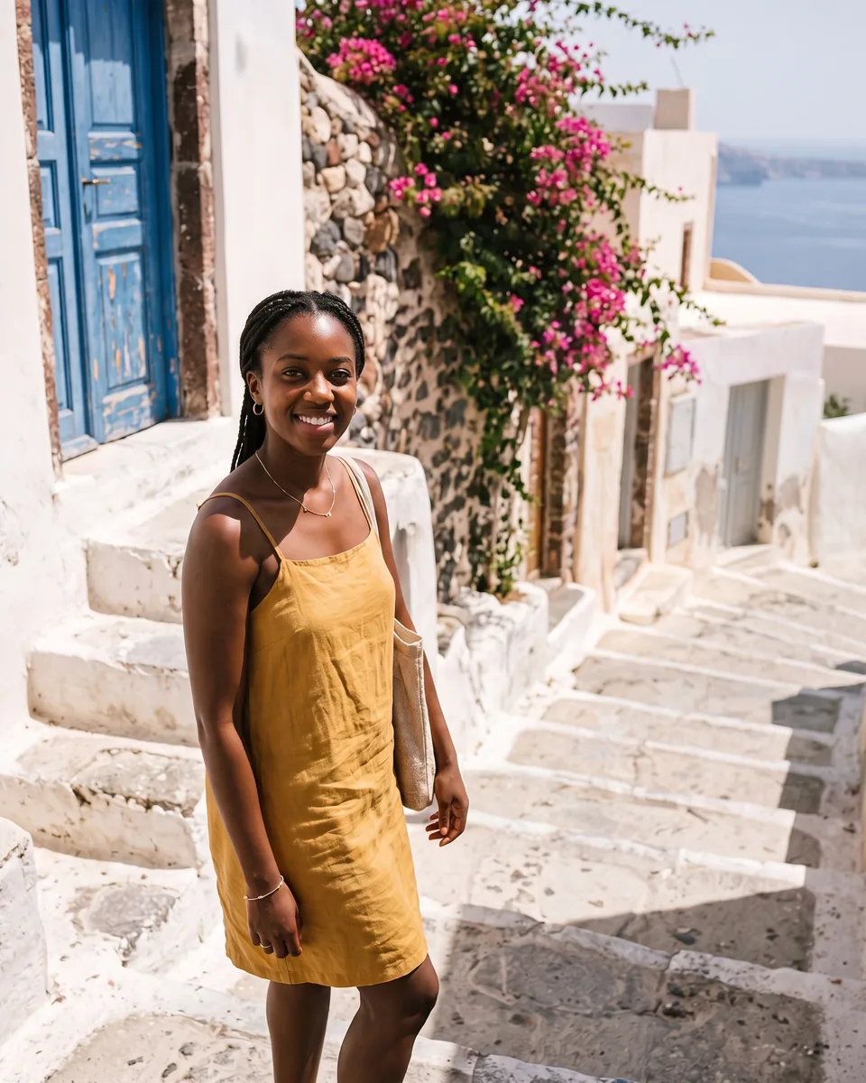 Before and after: generative fill removes three tourists from a whitewashed stairway behind a smiling woman in a yellow dress