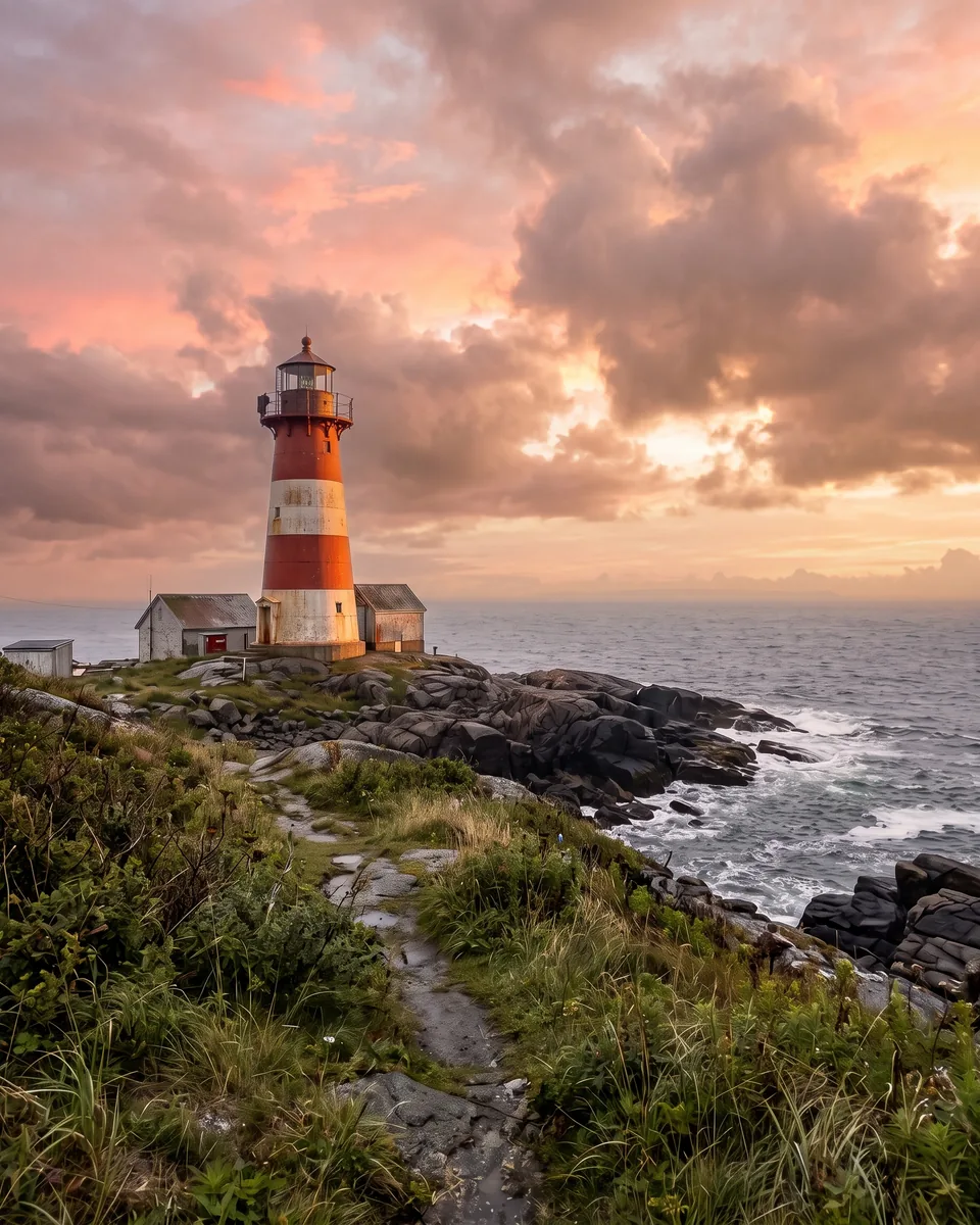 Before and after: generative fill replaces the flat grey sky behind a lighthouse with a golden-hour sunset